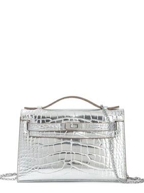 H Silver Kelly Pochette 21 Croc-Embossed Metallic PHW Crossbody Bag FLAWED GEM
